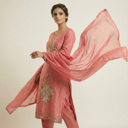 Coral Pink Embroidered Silk Salwar Kameez with Chiffon Dupatta