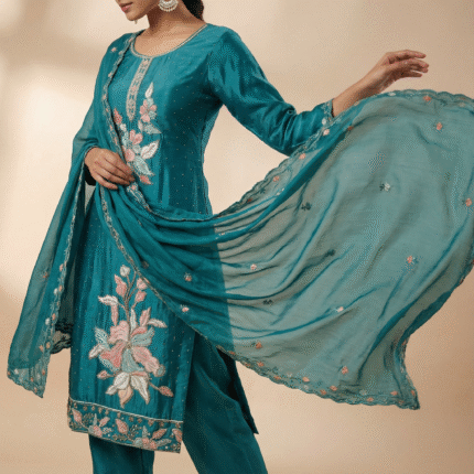 Teal blue Embroidered Silk Salwar Kameez with Chiffon Dupatta